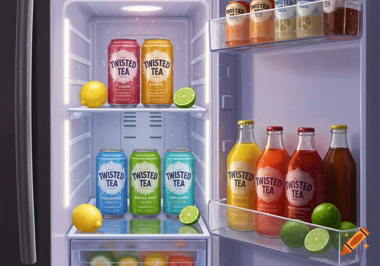 A brightly lit refrigerator filled with cans and bottles of Twisted Tea, lemons, and limes.