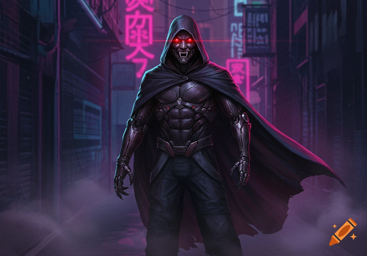 A tall male figure in a hooded cloak, futuristic body armor, and a mask with vampire teeth, with glowing red eyes, stands in a dark, neon-lit alley.
