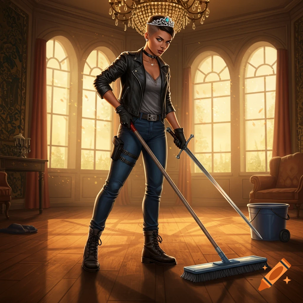 A woman with a buzzcut and tiara, wearing a leather jacket and jeans, sweeps a grand room with a broom while holding a sword.