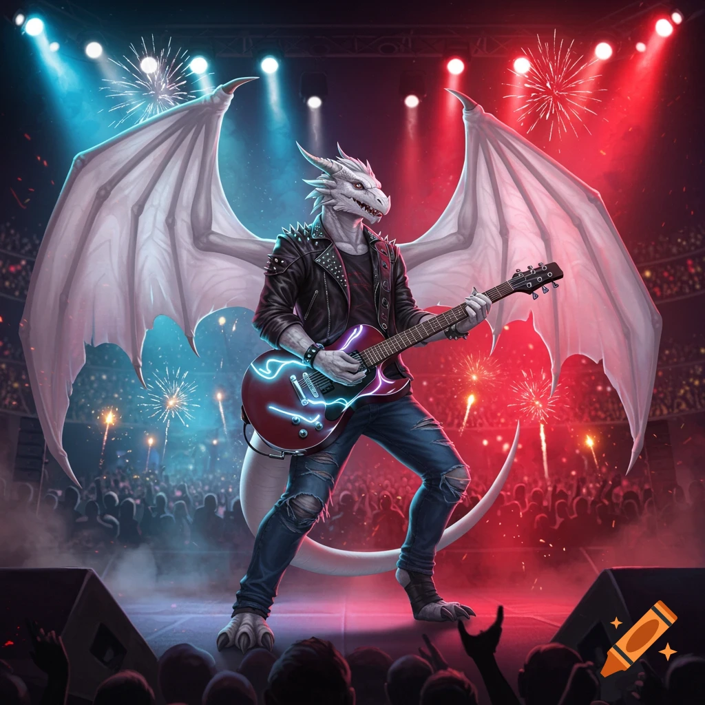 A white dragonborn rockstar plays an electric guitar on a stage, lit by red and blue spotlights, with fireworks and a cheering crowd.