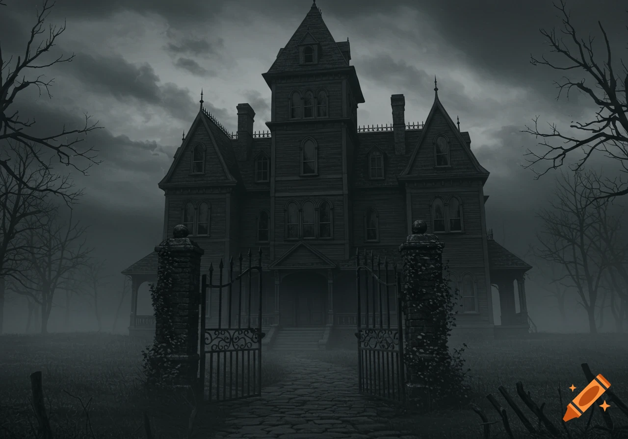 A dark, gloomy mansion with a tall tower, surrounded by bare trees under a cloudy sky. An open gate leads to a cobblestone path.
