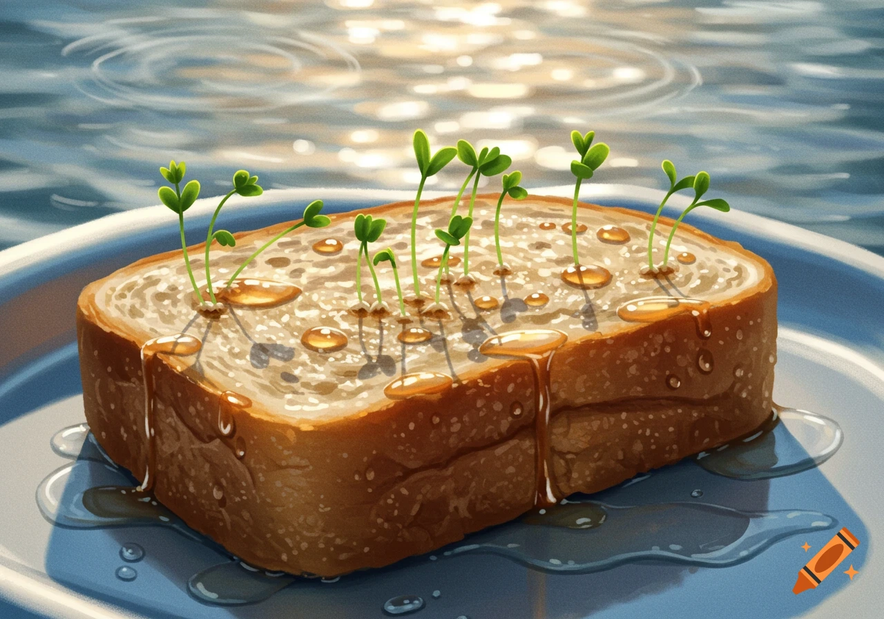 A close-up, painted illustration of a slice of bread with green sprouts growing from it, covered in glistening water droplets and pooling liquid, on a blue plate with a blurry water background.