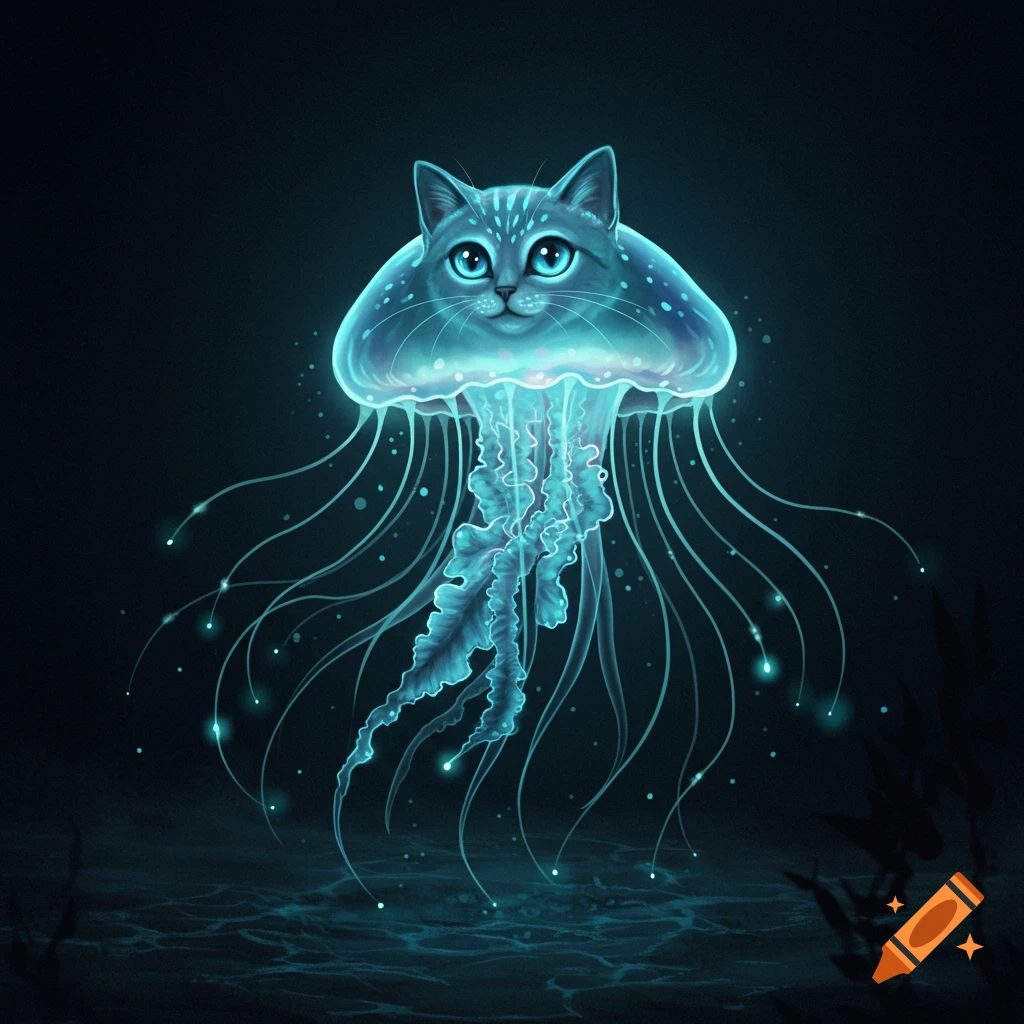 A bioluminescent blue and purple cat-headed jellyfish with glowing tendrils floats in dark water.