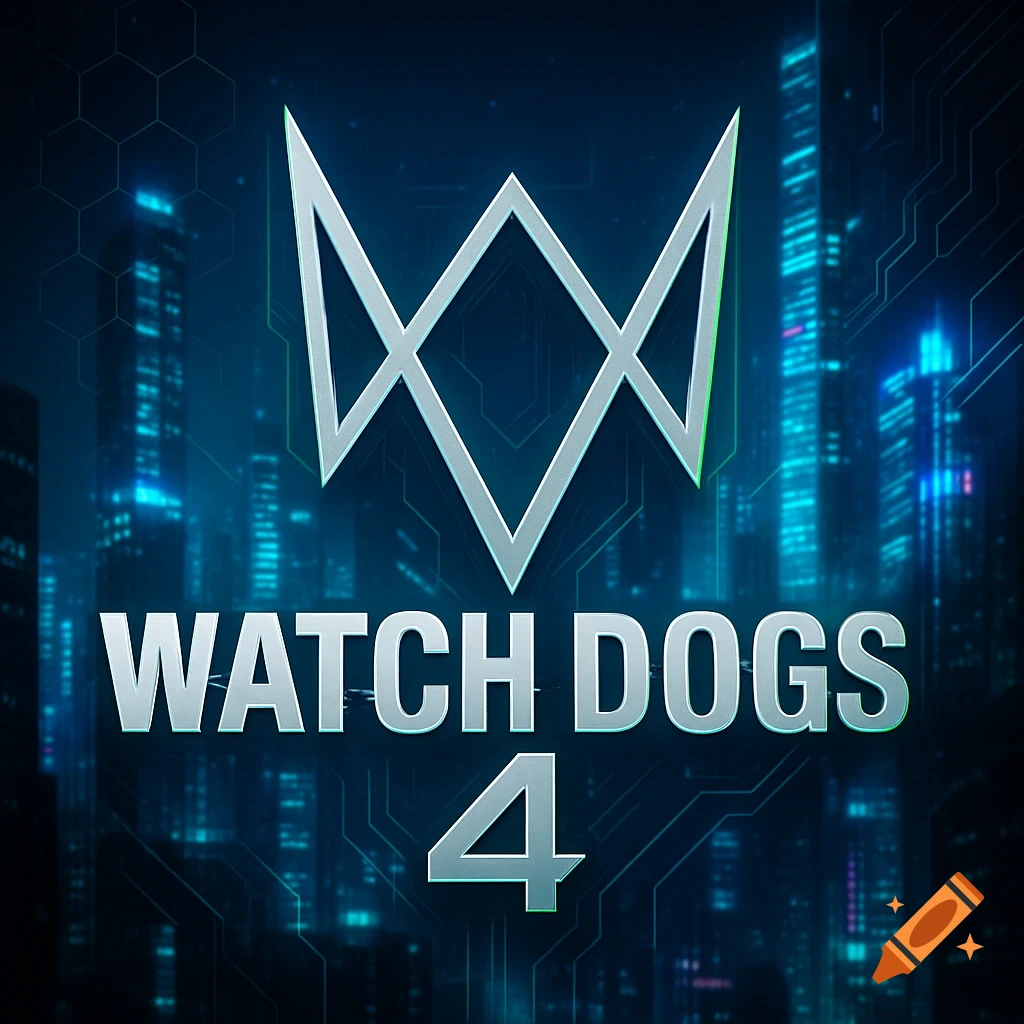 Watch Dogs 4 game logo with a stylized W symbol over a futuristic cityscape background.