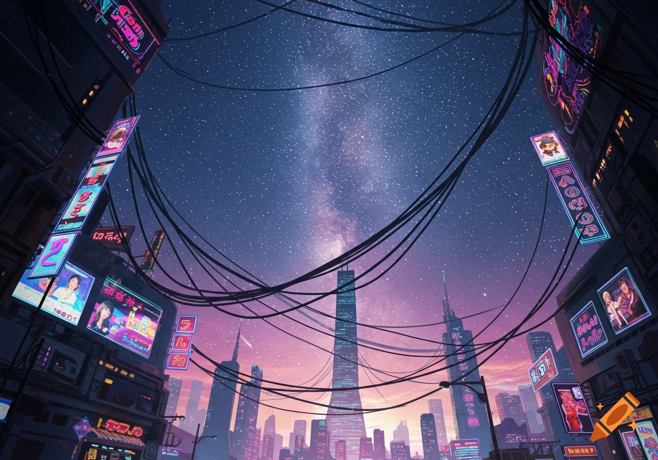 A low-angle view of a neon-lit cyberpunk city skyline with towering skyscrapers, power lines, and billboards under a vibrant starry Milky Way sky.