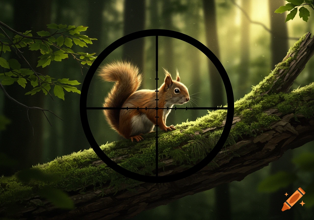 Photorealistic image of a squirrel in the crosshairs of a gun scope on a mossy tree branch in a forest.
