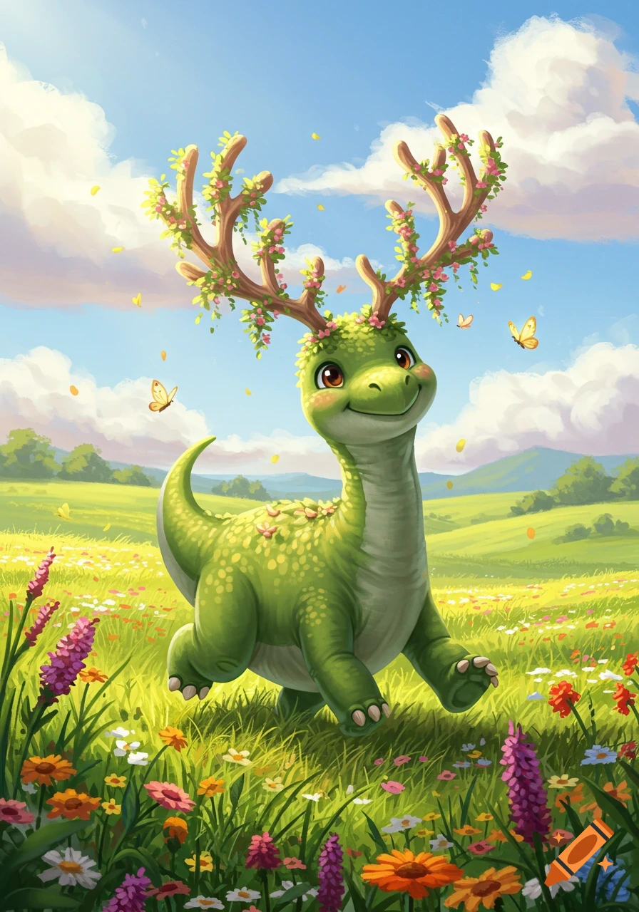 A happy, green, cartoon dinosaur with flowering antlers stands in a vibrant field of colorful wildflowers under a blue sky.