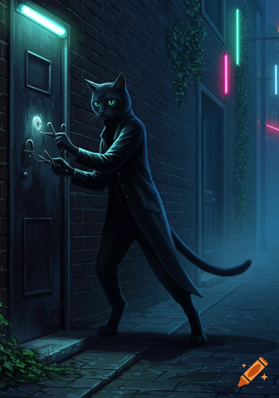 A black cat-like figure in a dark coat picking a lock on a door in a neon-lit alley at night, with glowing green eyes.