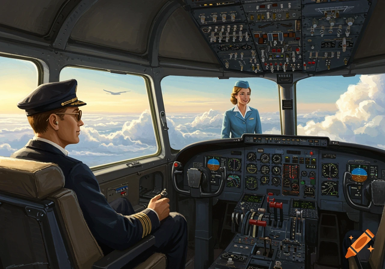 A pilot sits in an airplane cockpit looking out at clouds and another plane, with a flight attendant smiling in the background. Illustrative style.