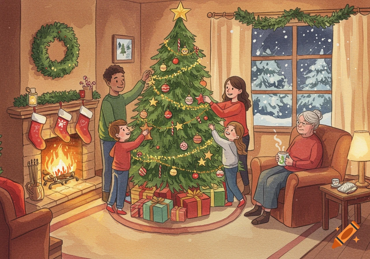 A whimsical watercolor illustration of a family decorating a Christmas tree in a cozy living room with a fireplace and snow outside.