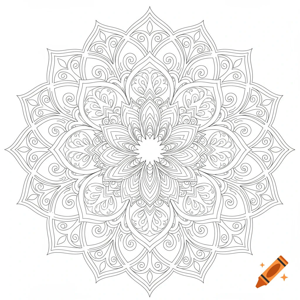 Intricate black and white line art mandala design, perfect for a coloring book.