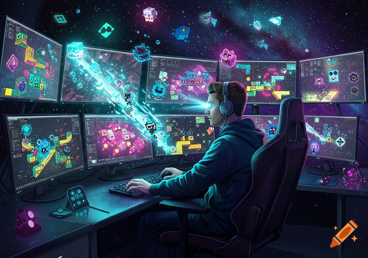 A person wearing headphones at a multi-monitor gaming setup, surrounded by vibrant abstract digital shapes and a starry space background in a digital art style.