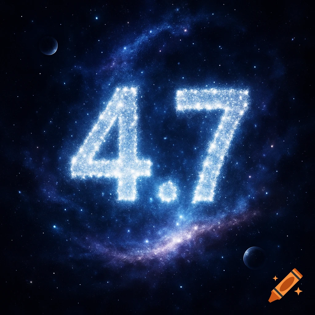 Bright blue, sparkling numbers '4.7' float in a dark blue cosmic sky with stars and nebulae.