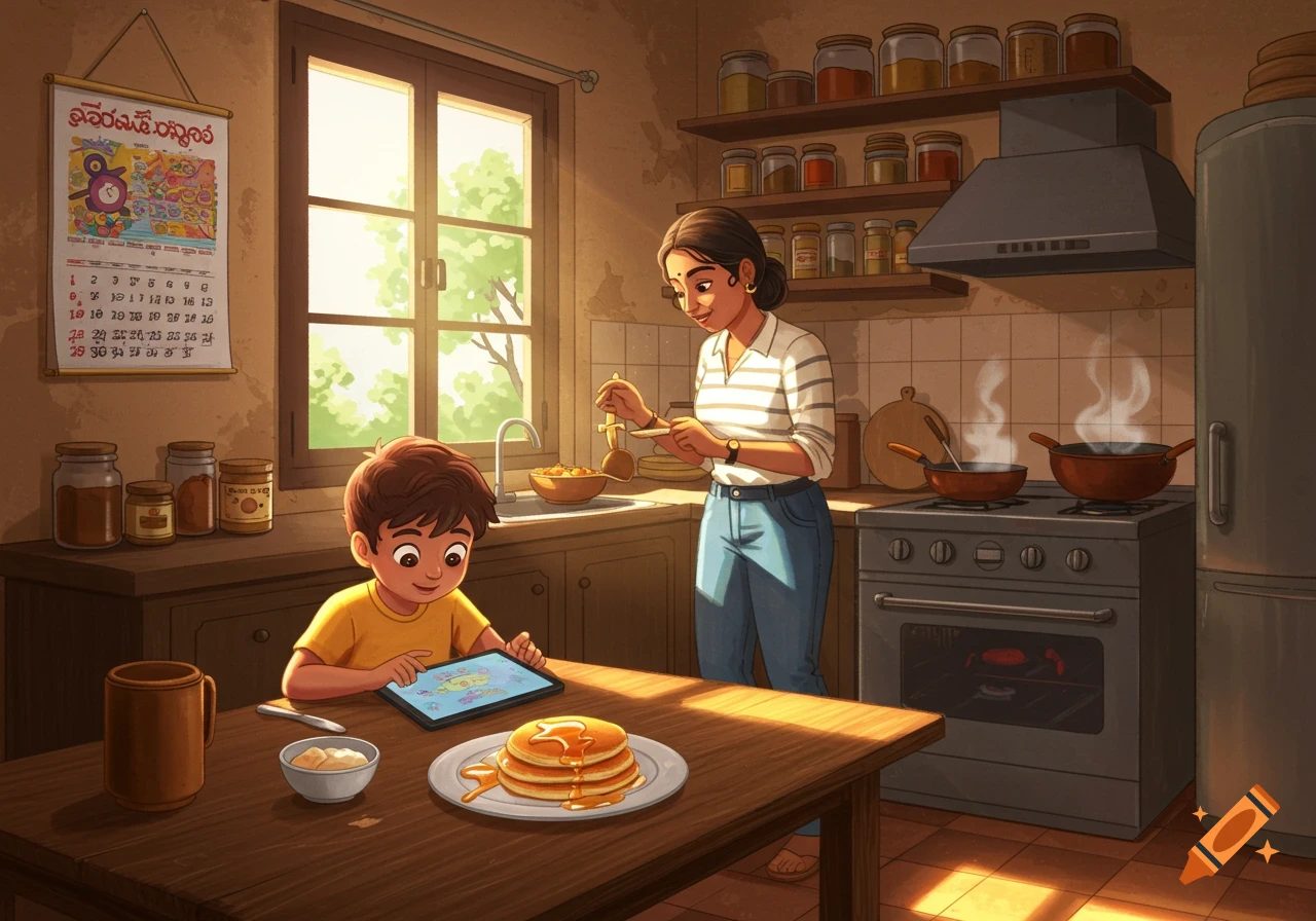Illustration of a boy eating pancakes and using a tablet at a kitchen table while his mother cooks nearby.