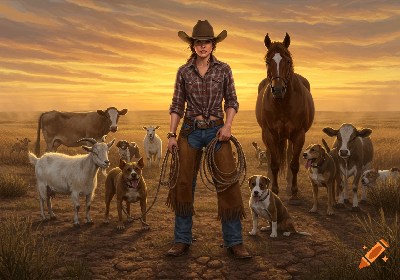 A cowgirl with a lasso stands among a horse, cows, goats, and dogs in a sunlit, dry field at sunset, digital art.