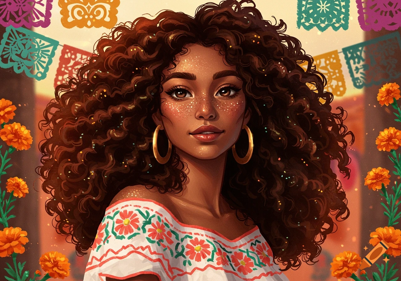 Stylized illustration of a woman with curly hair and freckles in a festive setting with marigolds and papel picado.