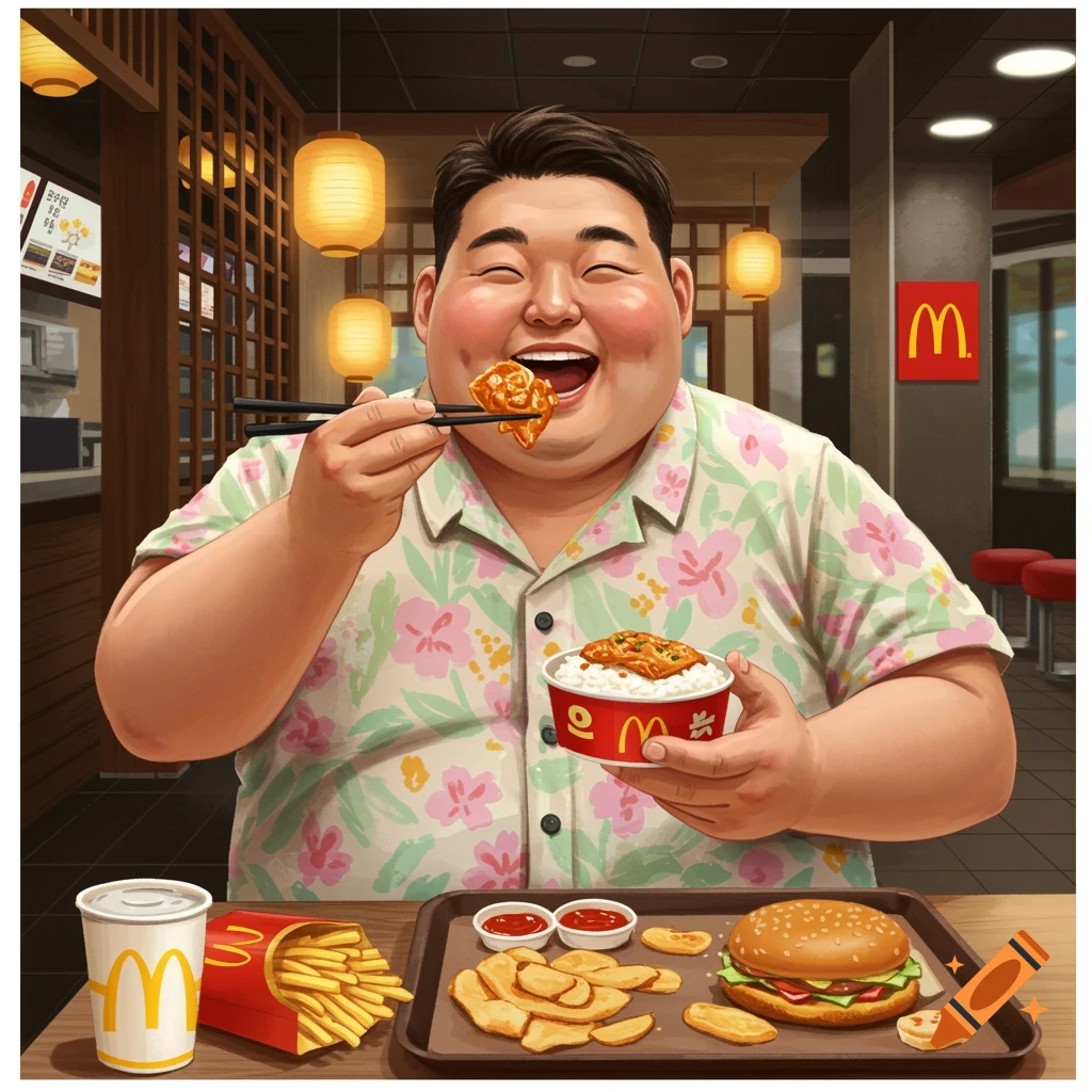 A happy man in a floral shirt eats a meal at McDonald's, holding chopsticks with food to his open mouth while a burger, fries, drink, and a rice bowl are on the table.