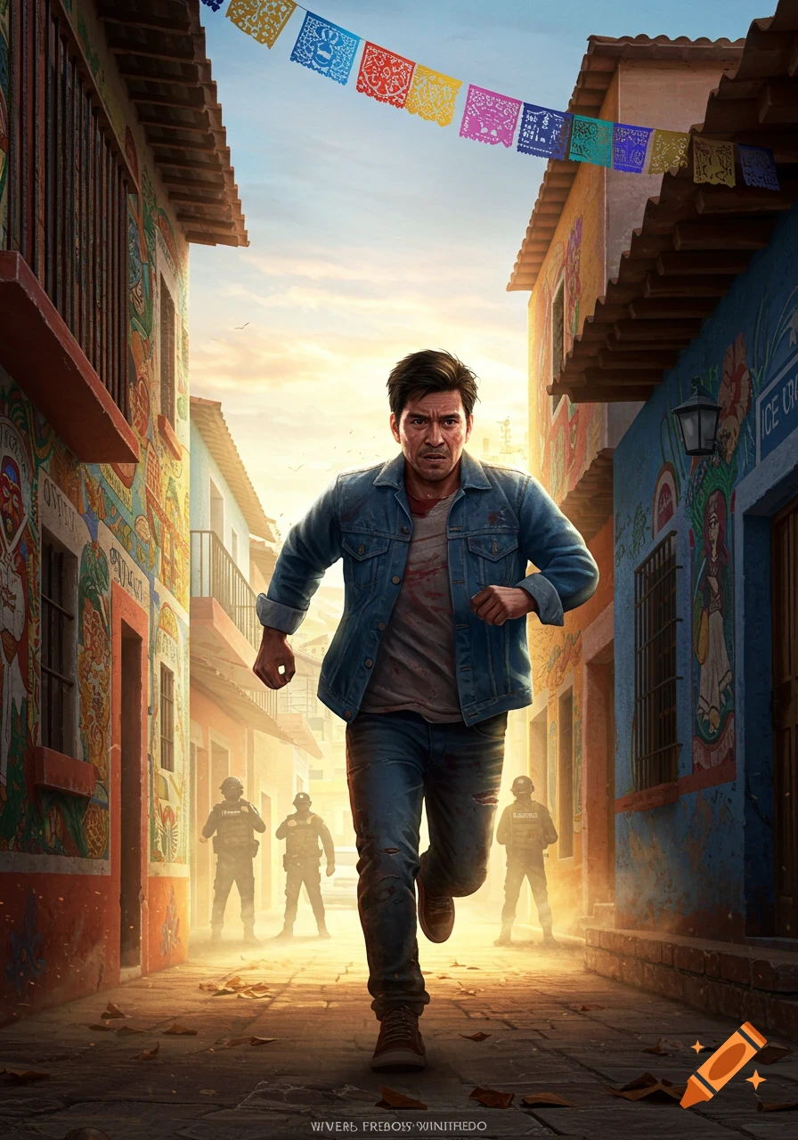 A man with a bloodied shirt runs down a vibrant Mexican street while being pursued by silhouettes of figures in the background.