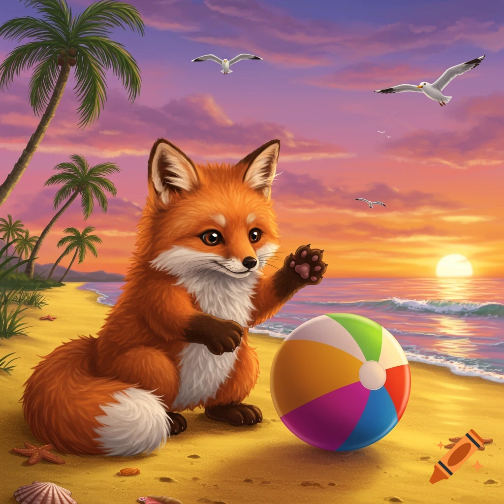 A cute fox plays with a colorful beach ball on a sandy beach at sunset, with palm trees and seagulls.