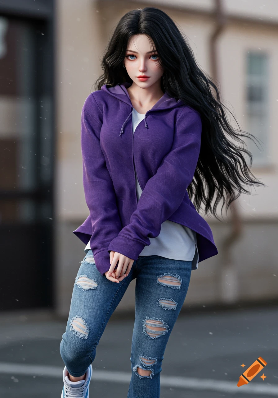A realistic anime girl with long black hair, blue eyes, purple hoodie, ripped blue jeans, and white and light blue shoes.