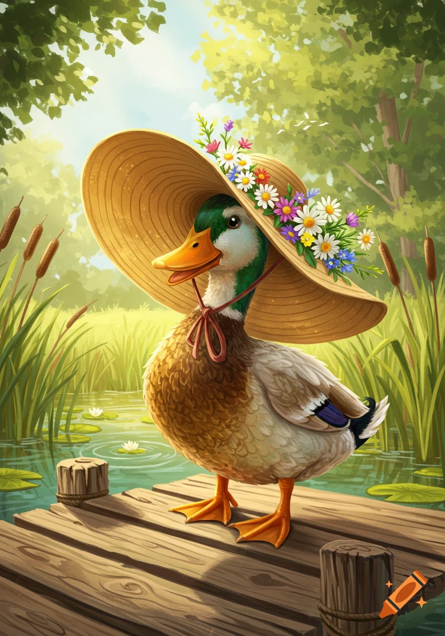 A cartoon mallard duck wearing a straw hat adorned with colorful flowers, standing on a wooden dock by a pond.