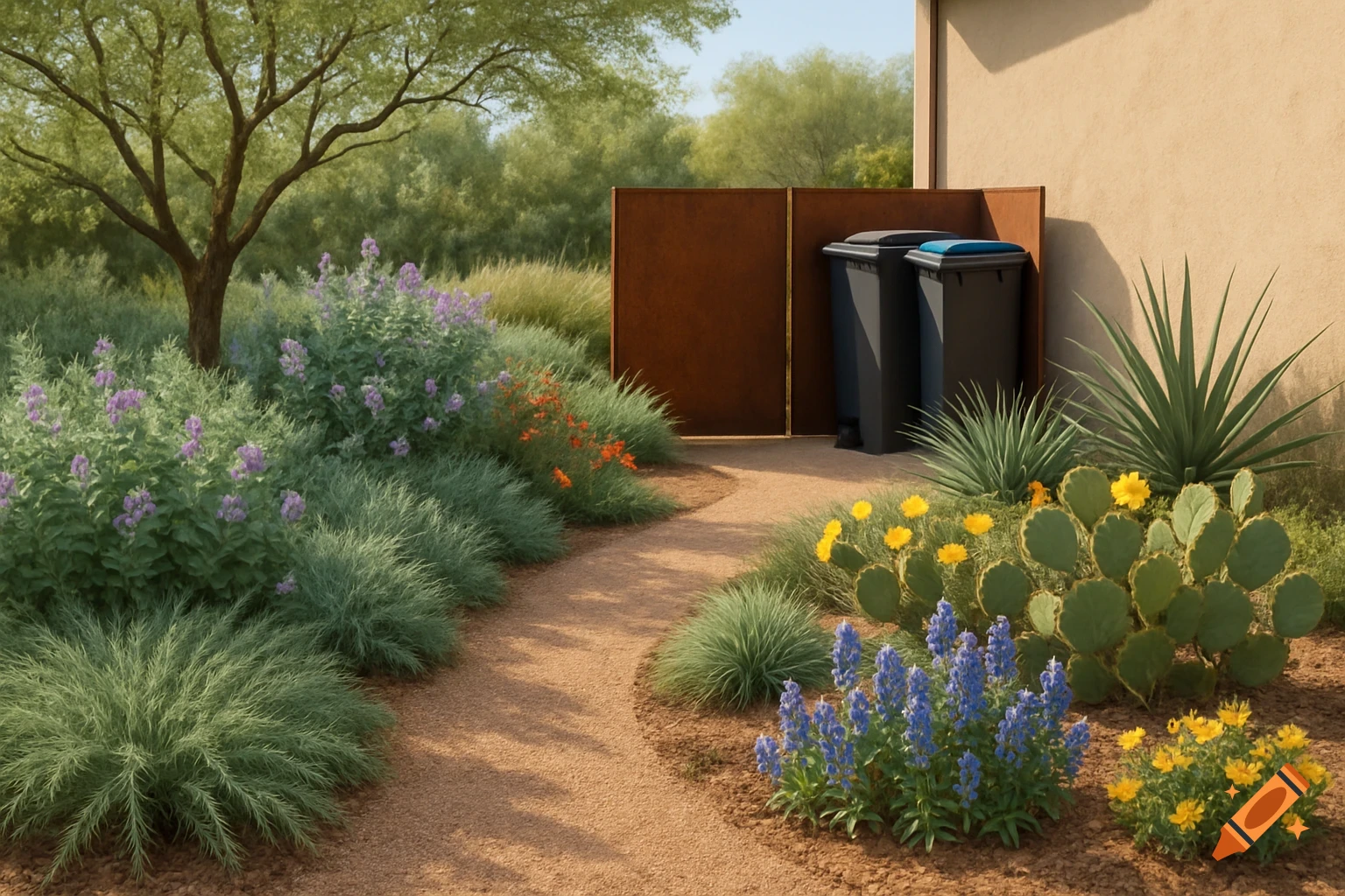 Photorealistic image of a landscaped side yard with a dirt path, various drought-tolerant plants, and two trash bins next to a house.