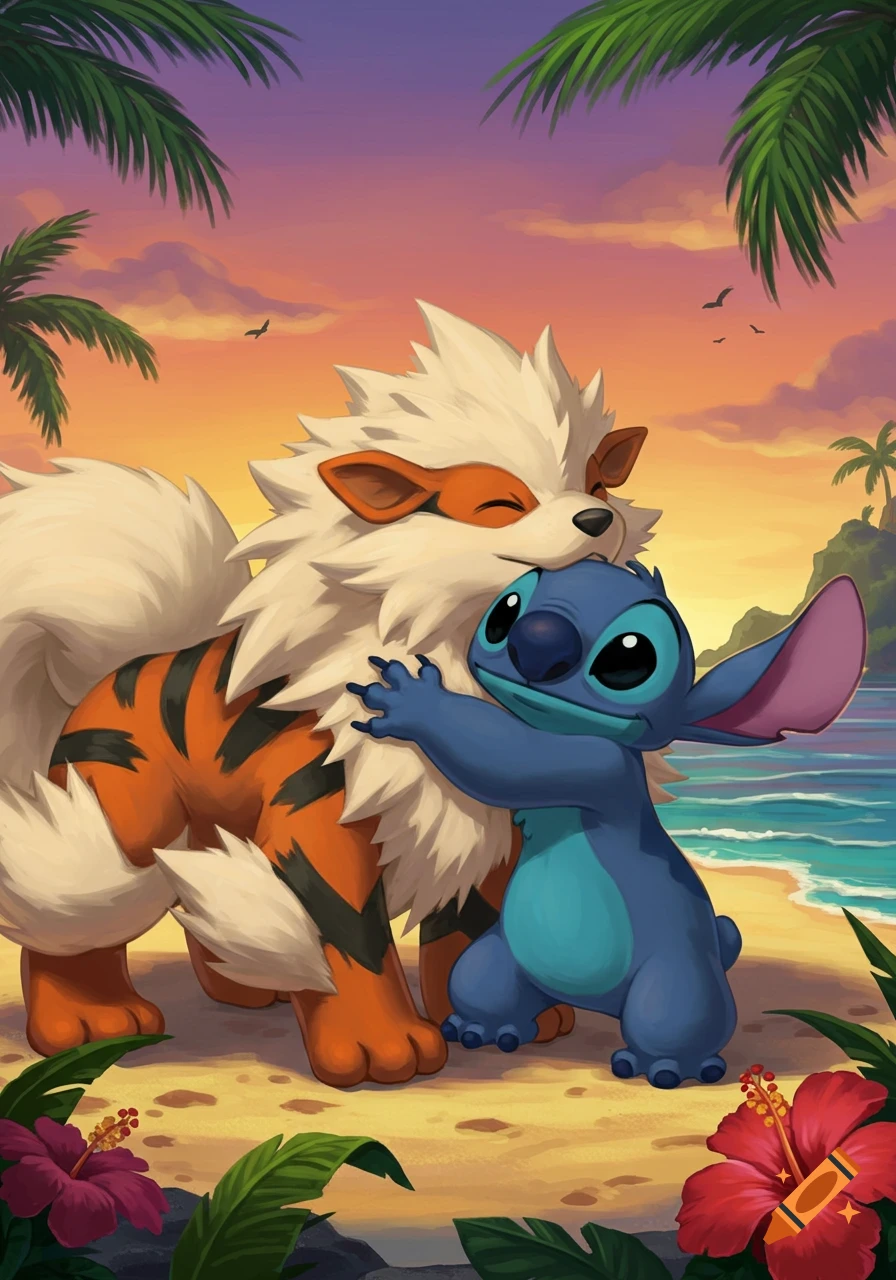 Stitch hugs Arcanine on a tropical beach at sunset, with palm trees and hibiscus flowers.