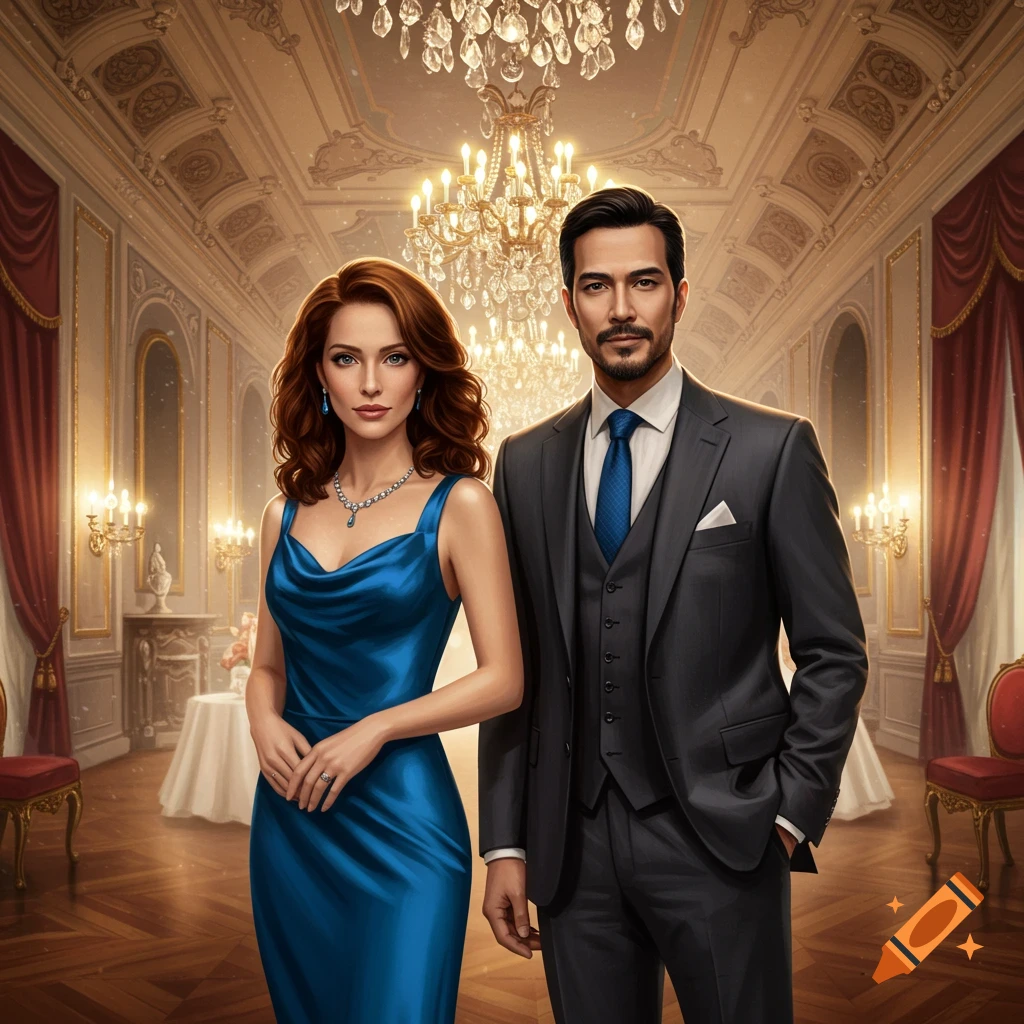A stylish man and woman in formal attire stand in a grand ballroom with chandeliers.