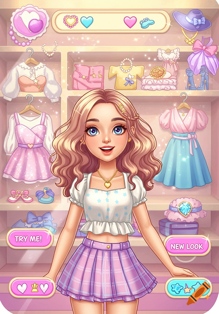 A smiling cartoon girl with wavy blonde hair wears a plaid skirt and star-patterned top in a pastel-colored dress-up game closet with clothes and accessories.
