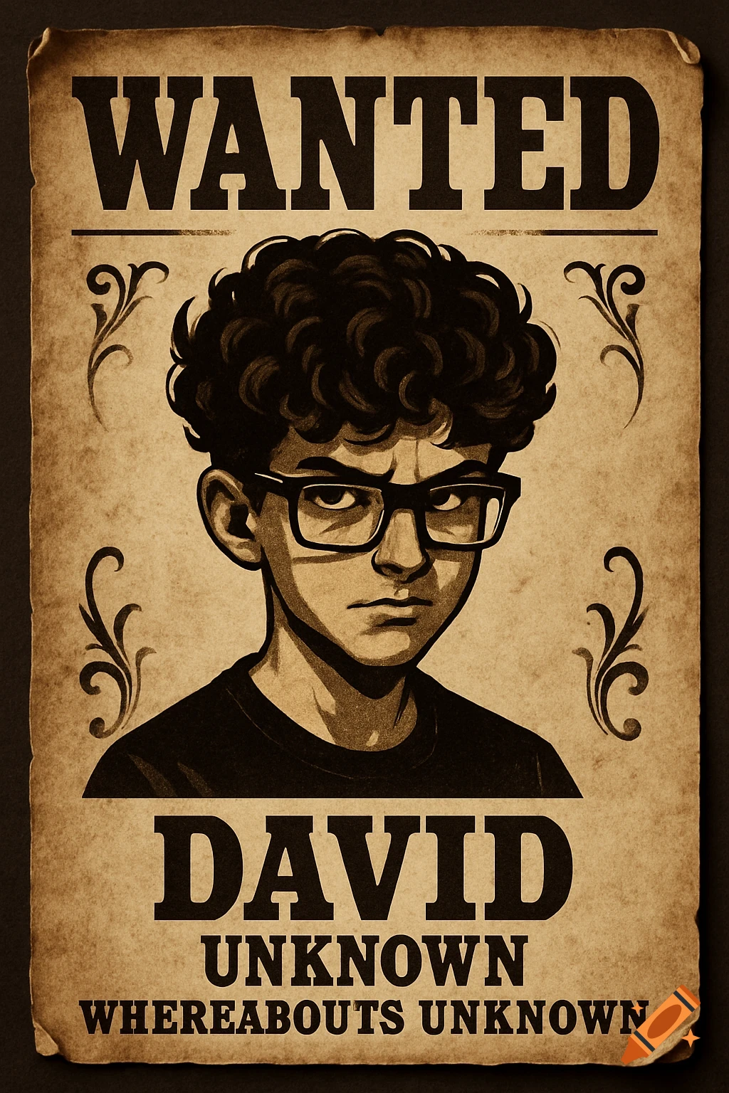 A vintage-style wanted poster in sepia tones featuring an illustrated young man with curly hair and glasses. Text reads 'WANTED', 'DAVID', 'UNKNOWN WHEREABOUTS UNKNOWN'.