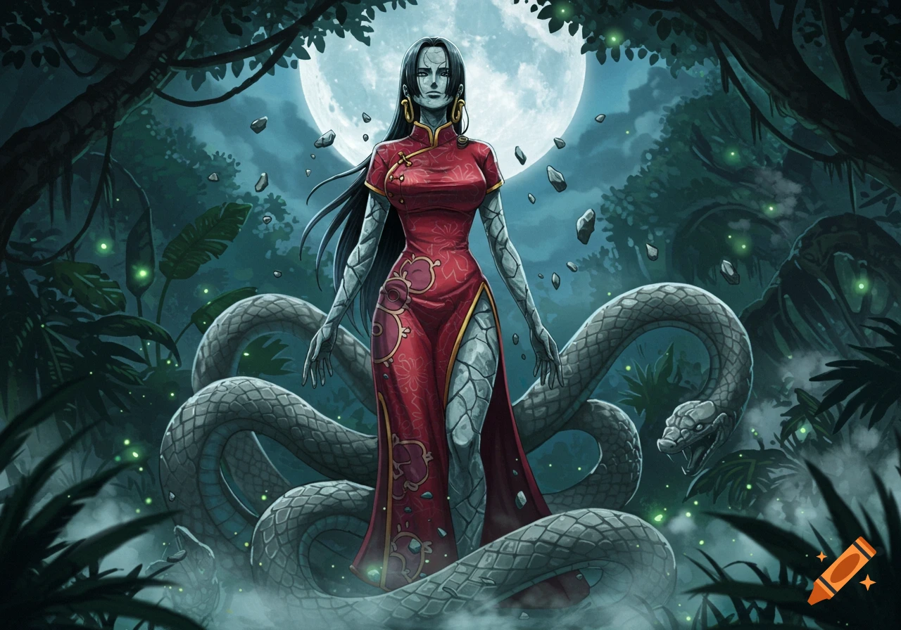 A stone-textured woman with long black hair and a red dress stands in a dark jungle, surrounded by a large snake, under a full moon.