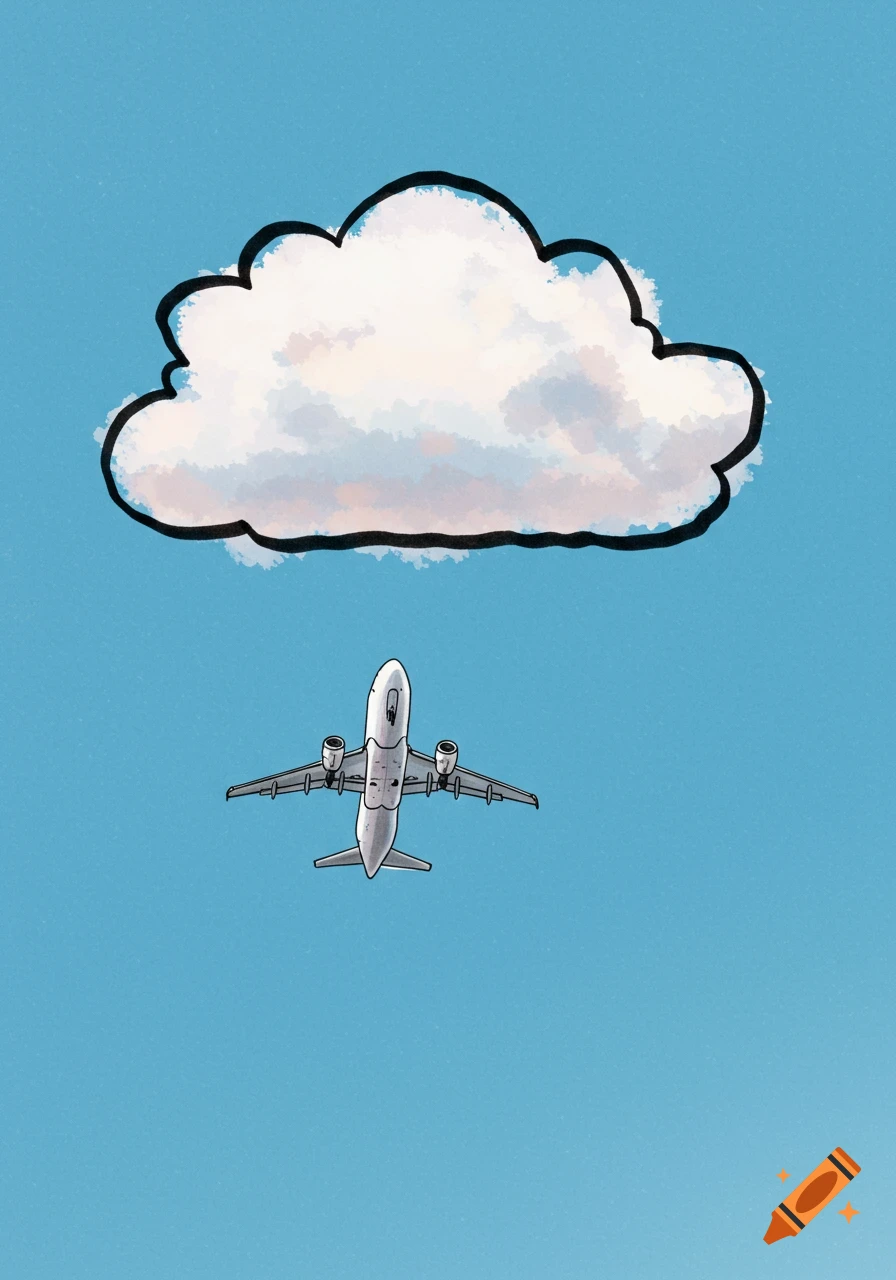 An illustrated airplane flying beneath a cartoon cloud with a thick black outline against a blue sky.