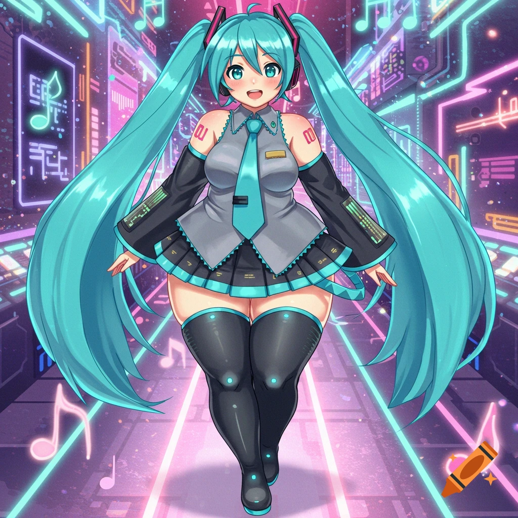 An anime character, Hatsune Miku, with long teal pigtails, stands in a futuristic, neon-lit corridor with music notes.