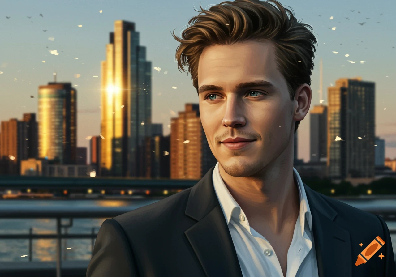 Photorealistic portrait of a young man with brown hair and blue eyes, wearing a suit, against a sunlit city skyline.