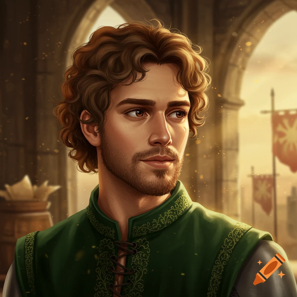 A close-up illustration of a young man with curly brown hair and a light beard, wearing a green medieval tunic, in a castle setting.