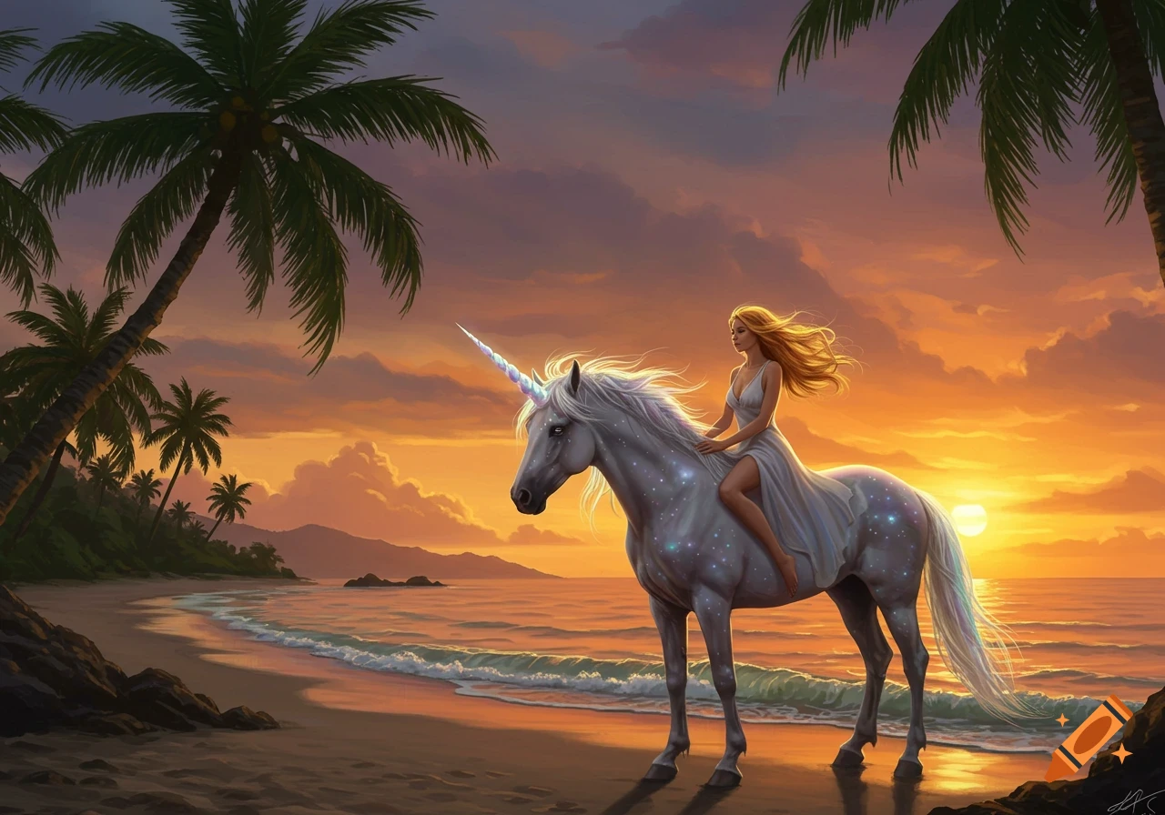 A woman rides a sparkling unicorn along a tropical beach at sunset, with palm trees and ocean waves.