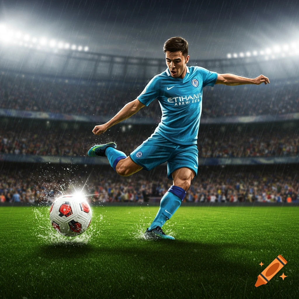 A soccer player in a light blue uniform kicks a soccer ball in a rainy stadium, splashing water.