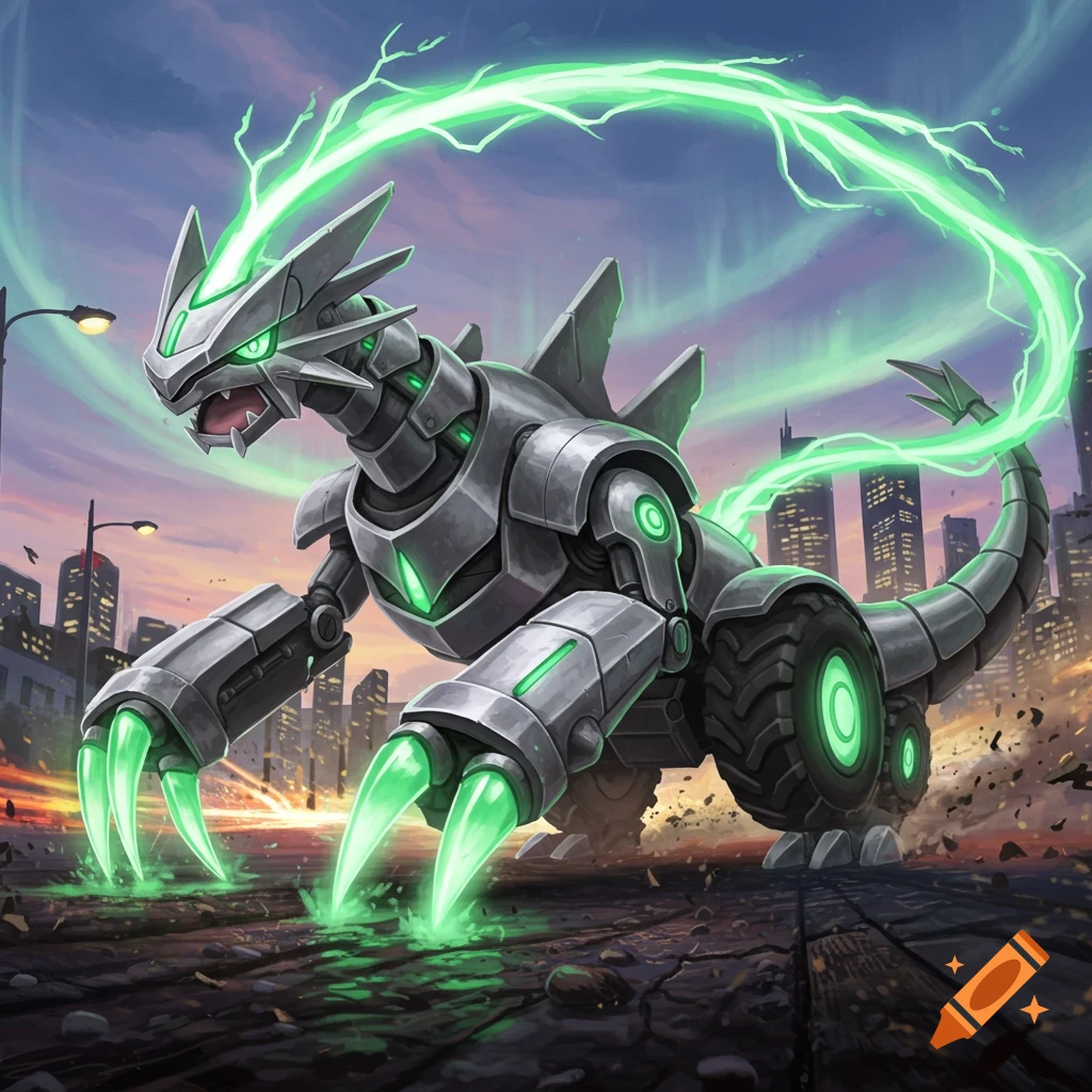 A robotic, Godzilla-like Pokemon with glowing green claws and lightning, stands in a city at dusk.
