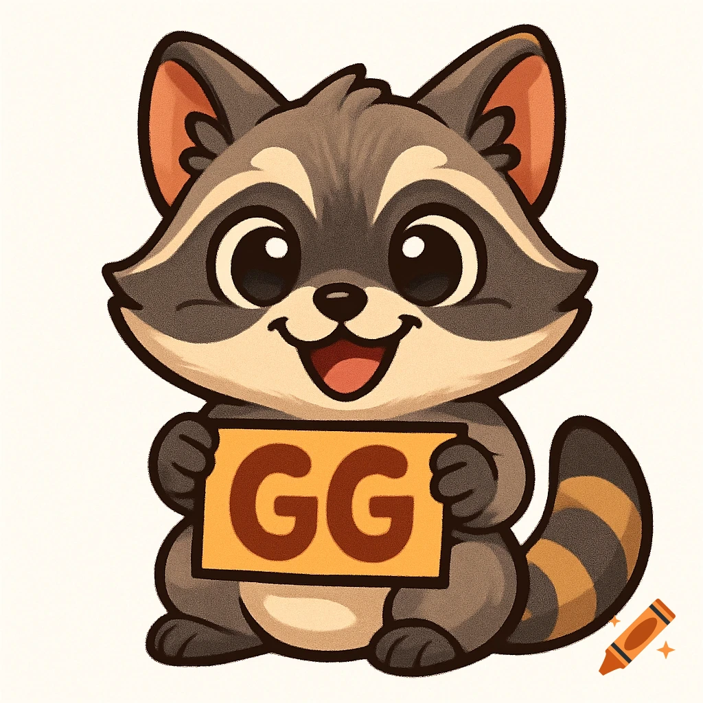 A cute, smiling cartoon raccoon holding a sign that says 'GG'.