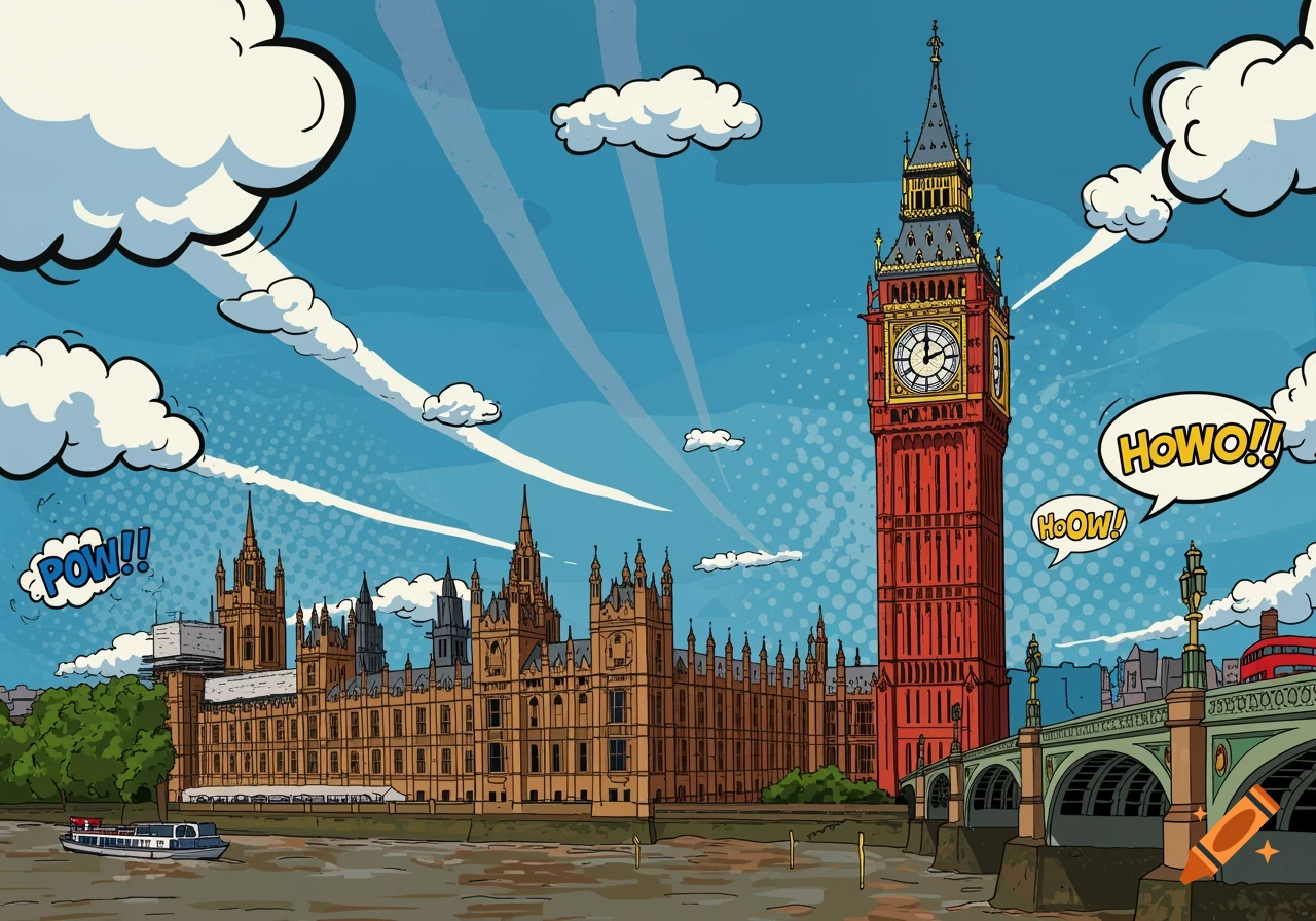 Pop art illustration of Big Ben and the Houses of Parliament by the River Thames with comic sound effects.