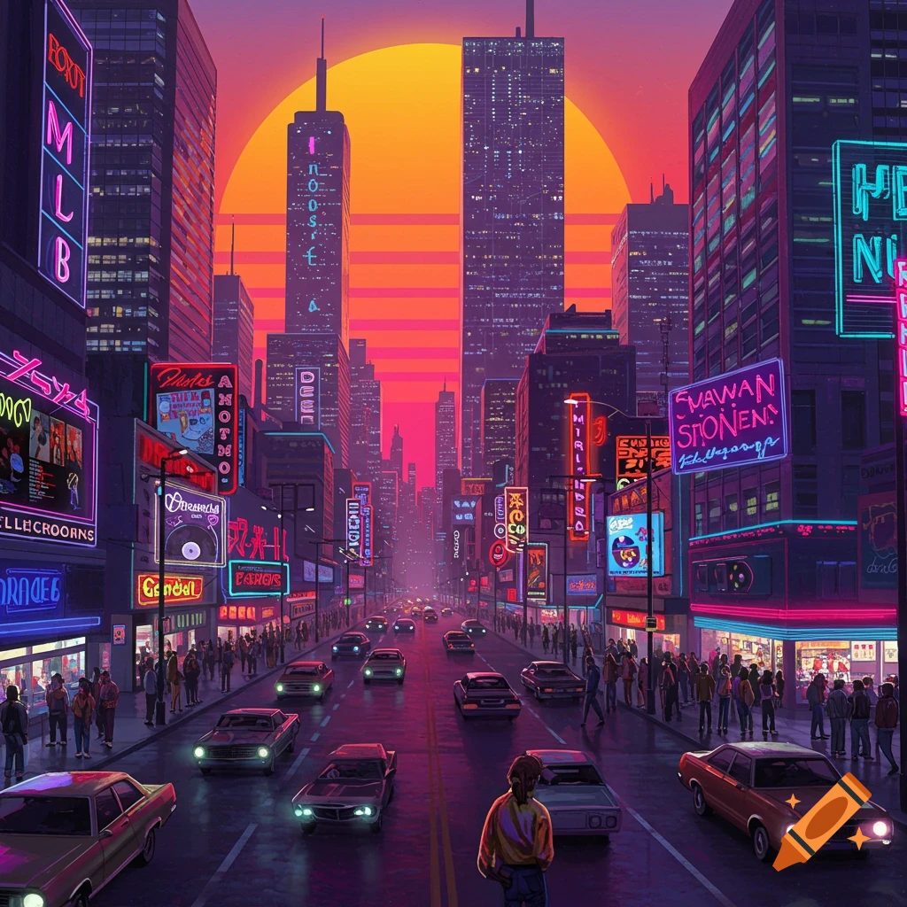A vibrant synthwave city street at sunset, with neon signs, cars, and people under a large retro sun.