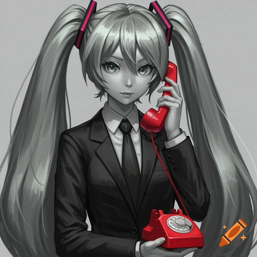 Grayscale anime illustration of Hatsune Miku in a black suit holding a red rotary phone.