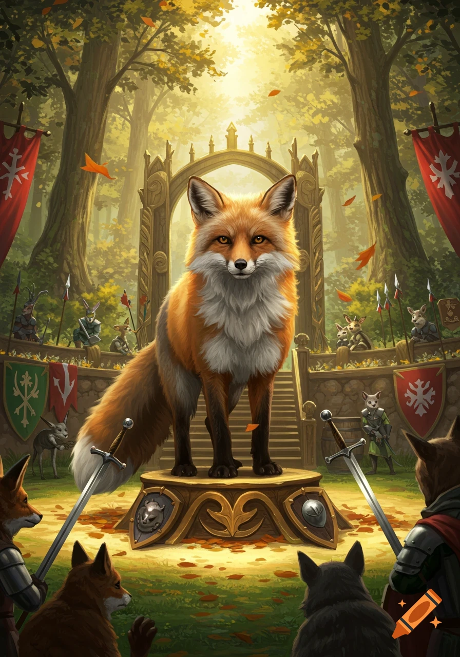 A majestic fox stands on a pedestal in a sunlit forest clearing, surrounded by medieval armored animals with banners and swords.