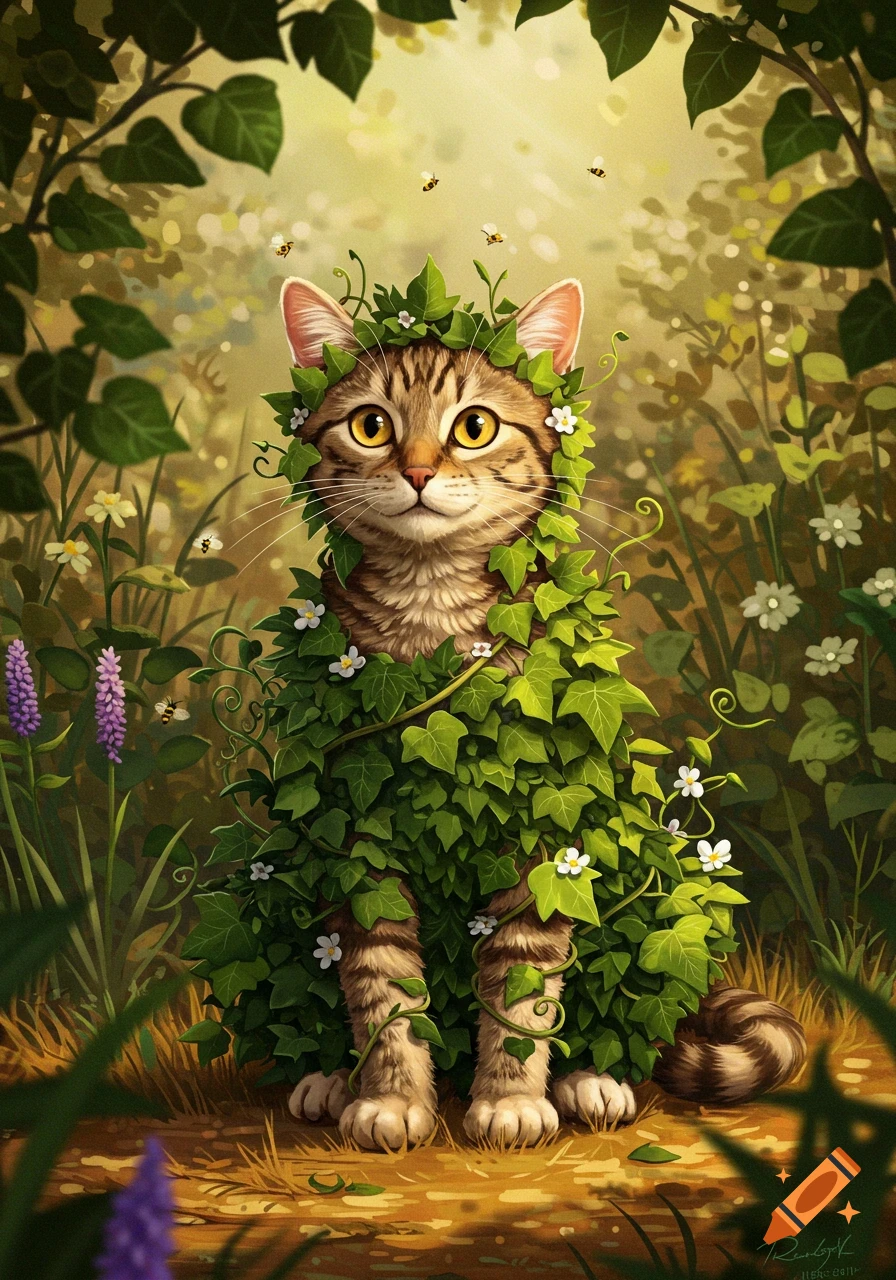 A whimsical tabby cat covered in green ivy and white flowers sits in a lush forest with bees flying around.