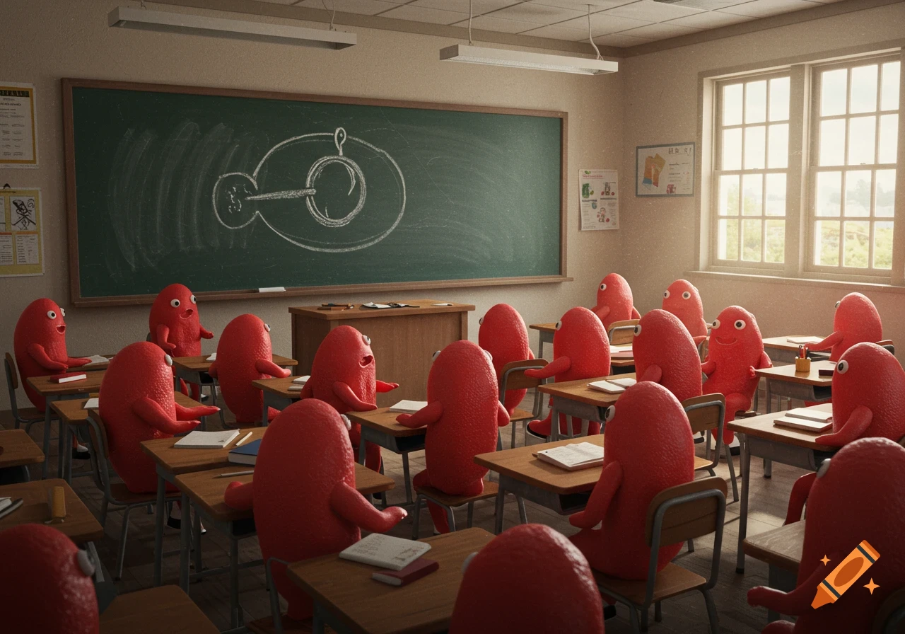 A classroom filled with red, bean-like creatures with faces sitting at wooden desks, looking towards a blackboard with a chalk drawing of a fishing hook and a circle.