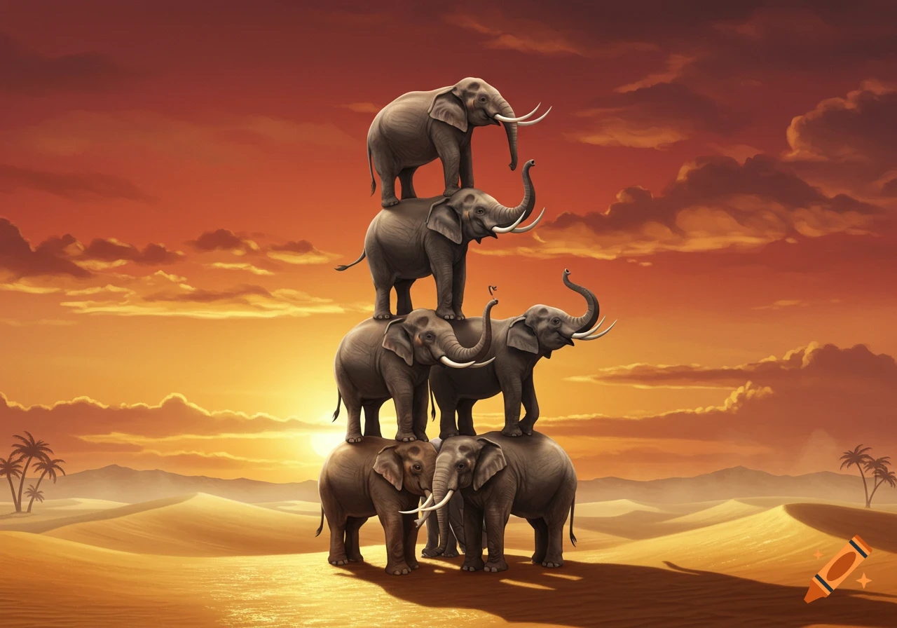 A pyramid of elephants stacked one on top of the other in a desert landscape at sunset.