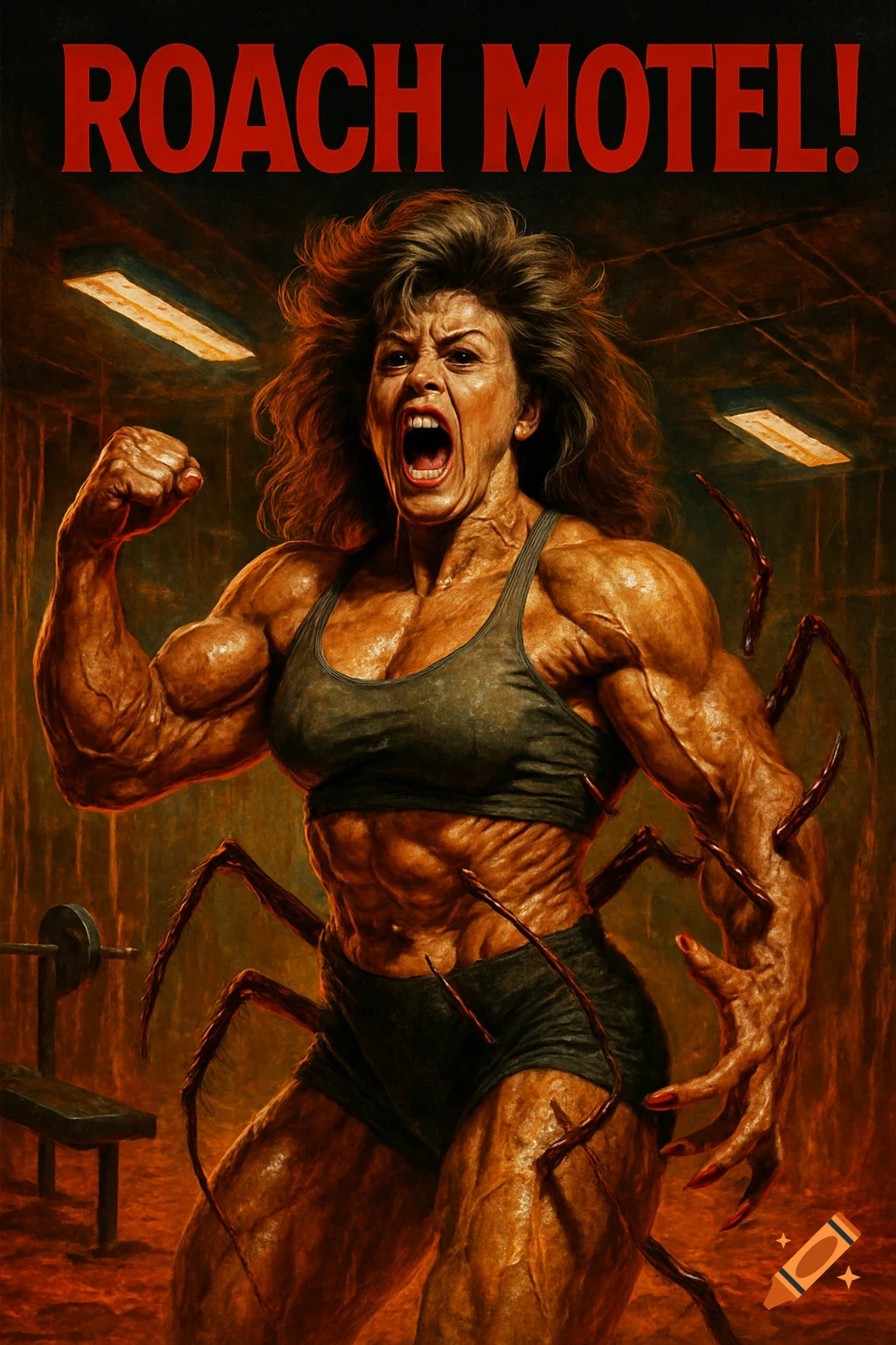 A muscular female bodybuilder with roach legs bursting through her body screams in a horror movie poster for 'ROACH MOTEL!'