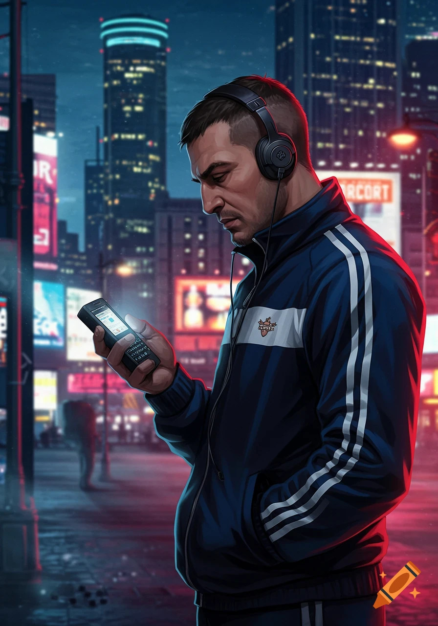 A man in a blue tracksuit and headphones looks down at his phone on a neon-lit city street at night, in a digital art style.