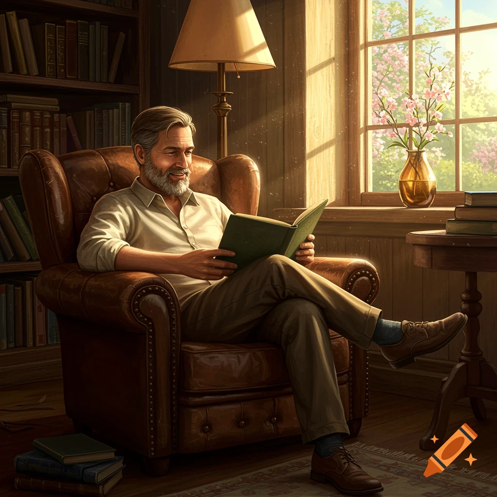 A smiling, bearded man reads a book in a sunlit brown leather armchair in a cozy library with bookshelves and a window.