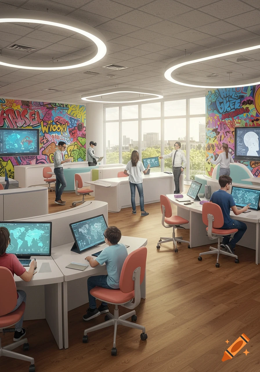 Students and a teacher interact in a modern, brightly lit classroom with colorful graffiti walls, large windows, and computers displaying world maps.